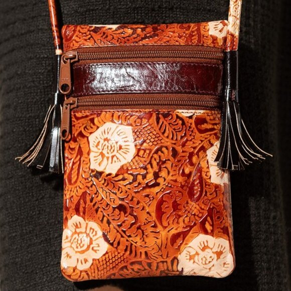 Hand-Painted Genuine Leather Cellphone Crossbody Bag Embossed Floral Print - Picture 1 of 8